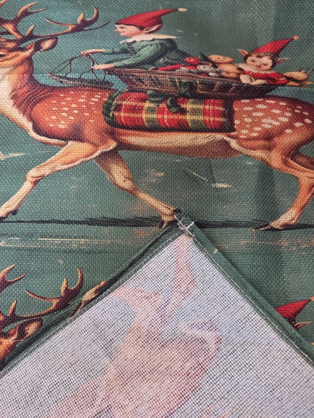 German Barvarian Christmas Tablecloth Runner Elves Reindeers Retro Cottagecore